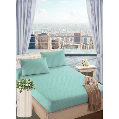 Light Green Striped Queen Bed Sheet Sets Cotton 3 Piece Set Deep Pocket 180x200x25cm