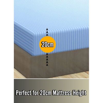Sky Blue Cotton King Striped Fitted Elastic Pack of 3 Bedsheet 200x200x20cm