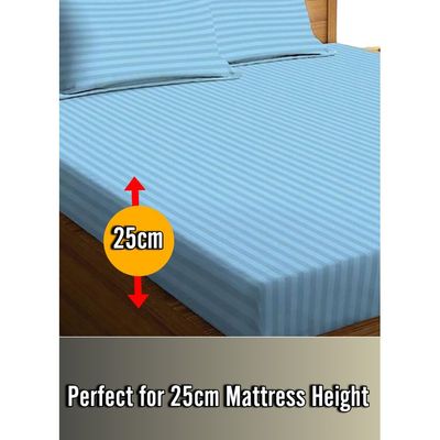 Sky Blue Striped Sheets Set Deep Pockets Machine Washable Soft Cotton200x200x25cm