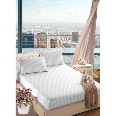White Deep Pocket Double Size Striped Bed Sheet Set Cotton 150x200x20cm