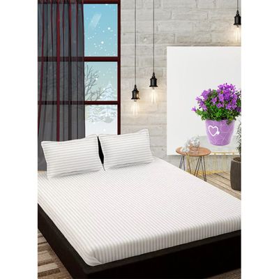 White Cotton Double Striped Fitted Elastic Bedsheet Set 150x200x20cm