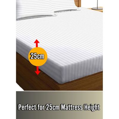 White Double Size Stripe Deep Pocket Bed Sheet Set Cotton 150x200x25cm