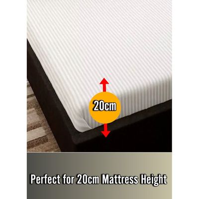 White Cotton King Striped Fitted Elastic Bedsheet Set 200x200x20cm