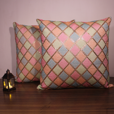 BYFT Orchard Cushion Cover 18 x 18 inch (Diagonal Checks Design - Cream) 45 x 45 cm Luxury Decorative Cushion Cover for Sofa, Bed & Living Room- Set of 2 without inserts