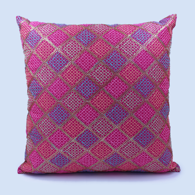 Orchard Cushion Cover 18 x 18 inch (Diagonal Checks Design - Fuchsia Pink) 45 x 45 cm Luxury Decorative Cushion Cover for Sofa, Bed & Living Room- Set of 2 without inserts