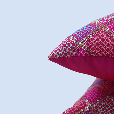 Orchard Cushion Cover 12 x 20 inch (Diagonal Checks design - Fuchsia Pink) 30 x 50 cm Luxury Decorative Cushion Cover for Sofa, Bed & Living Room- Set of 2 without inserts