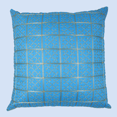 Orchard Cushion Cover 18 x 18 inch (Golden Checks Design - Blue) 45 x 45 cm Luxury Decorative Cushion Cover for Sofa, Bed & Living Room- Set of 2 without inserts