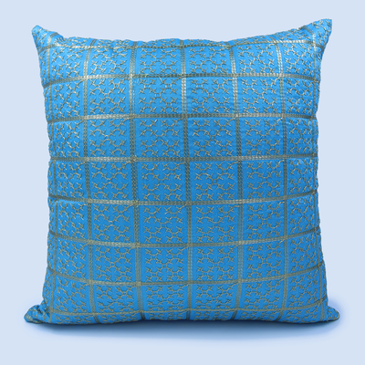 Orchard Cushion Cover 18 x 18 inch (Golden Checks Design - Blue) 45 x 45 cm Luxury Decorative Cushion Cover for Sofa, Bed & Living Room- Set of 2 without inserts