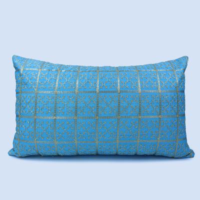 Orchard Cushion Cover 12 x 20 inch (Golden Checks Design - Blue) 30 x 50 cm Luxury Decorative Cushion Cover for Sofa, Bed & Living Room- Set of 2 without inserts