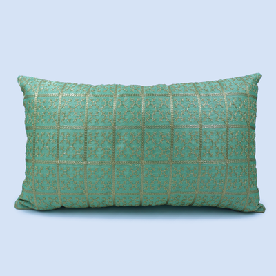 Orchard Cushion Cover 12 x 20 inch (Golden Checks Design - Green) 30 x 50 cm Luxury Decorative Cushion Cover for Sofa, Bed & Living Room- Set of 2 without inserts
