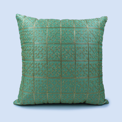 Orchard Cushion Cover 16 x 16 inch (Golden Checks Design - Green) 40 x 40 cm Luxury Decorative Cushion Cover for Sofa, Bed & Living Room- Set of 2 with inserts