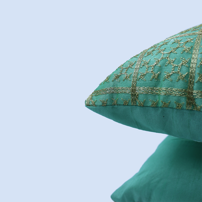 Orchard Cushion Cover 18 x 18 inch (Golden Checks Design - Green) 45 x 45 cm Luxury Decorative Cushion Cover for Sofa, Bed & Living Room- Set of 2 with inserts