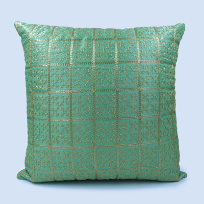 Orchard Cushion Cover 18 x 18 inch (Golden Checks Design - Green) 45 x 45 cm Luxury Decorative Cushion Cover for Sofa, Bed & Living Room- Set of 2 with inserts