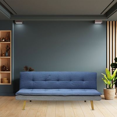 Modern design 3-Seater Sofa with Premium Fabric and Wooden Legs - Convertible Futon Bed for Living Room (BLUE)
