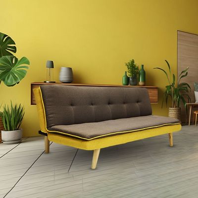 Modern design 3-Seater Sofa with Premium Fabric and Wooden Legs - Convertible Futon Bed for Living Room (Yellow)