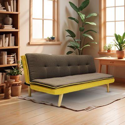 Modern design 3-Seater Sofa with Premium Fabric and Wooden Legs - Convertible Futon Bed for Living Room (Yellow)