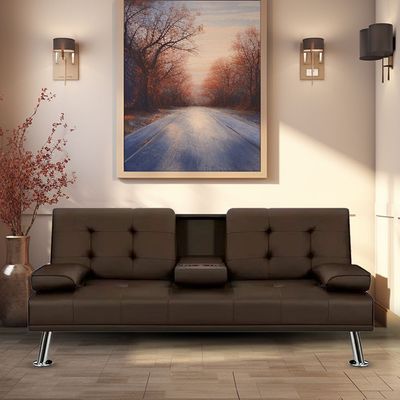Modern Futon Sofa Bed, Faux Leather Upholstered Sofa, Convertible Folding Sofa Couch With Removable Armrests And 2 Cup Holders Couch Sofa Sleeper For Small Space,Home, (Brown)