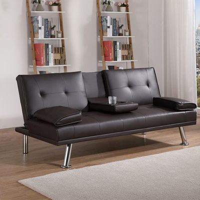 Modern Futon Sofa Bed, Faux Leather Upholstered Sofa, Convertible Folding Sofa Couch With Removable Armrests And 2 Cup Holders Couch Sofa Sleeper For Small Space,Home, (Brown)