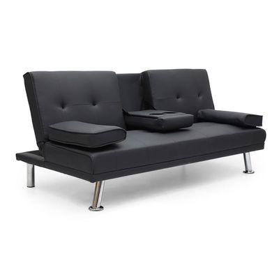 Modern Futon Sofa Bed, Faux Leather Upholstered Sofa, Convertible Folding Sofa Couch With Removable Armrests And 2 Cup Holders Couch Sofa Sleeper For Small Space,Home, (Black)