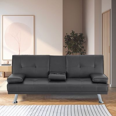 Modern Futon Sofa Bed, Faux Leather Upholstered Sofa, Convertible Folding Sofa Couch With Removable Armrests And 2 Cup Holders Couch Sofa Sleeper For Small Space,Home, (Black)