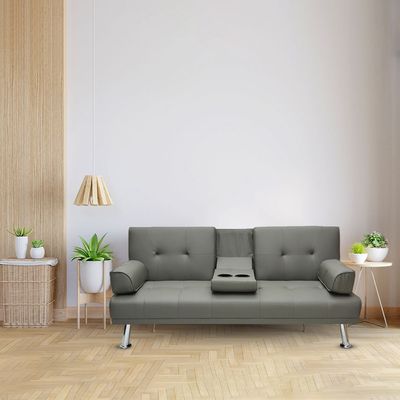 Modern Futon Sofa Bed, Faux Leather Upholstered Sofa, Convertible Folding Sofa Couch With Removable Armrests And 2 Cup Holders Couch Sofa Sleeper For Small Space,Home, (Dark Grey)
