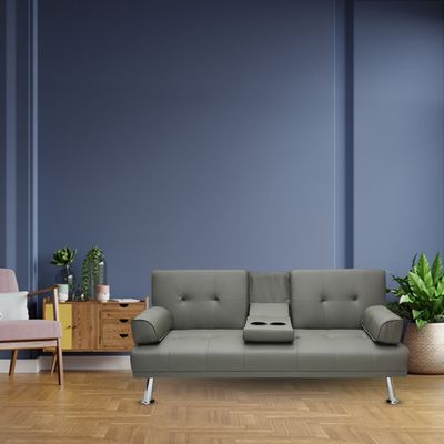 Modern Futon Sofa Bed, Faux Leather Upholstered Sofa, Convertible Folding Sofa Couch With Removable Armrests And 2 Cup Holders Couch Sofa Sleeper For Small Space,Home, (Dark Grey)