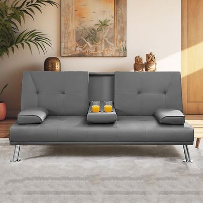 Modern Futon Sofa Bed, Faux Leather Upholstered Sofa, Convertible Folding Sofa Couch With Removable Armrests And 2 Cup Holders Couch Sofa Sleeper For Small Space,Home, (Dark Grey)