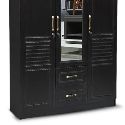 3-Door Wardrobe with Mirror, 135 x 45 x 185 cm, Black Wenge, 2 Drawers