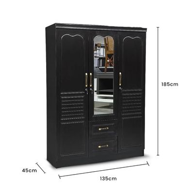 3-Door Wardrobe with Mirror, 135 x 45 x 185 cm, Black Wenge, 2 Drawers