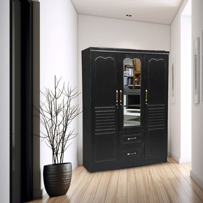 3-Door Wardrobe with Mirror, 135 x 45 x 185 cm, Black Wenge, 2 Drawers