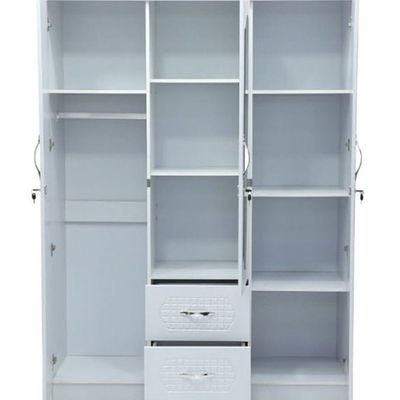 3-Door Wooden Wardrobe with Mirror, 135x45x185 cm, 2 Drawers, White