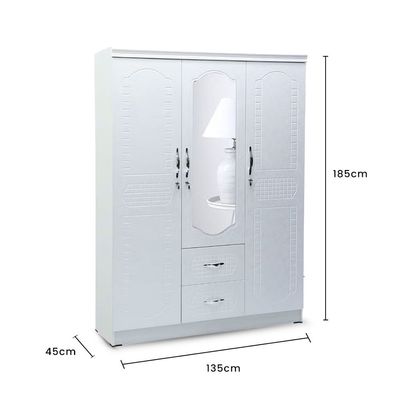 3-Door Wooden Wardrobe with Mirror, 135x45x185 cm, 2 Drawers, White