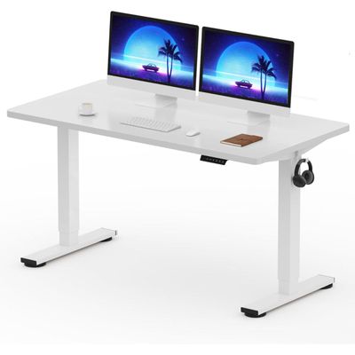 FlexiSpot Modern Height Adjustable Standing Desk 141x76 Sit-Stand Workstation Sturdy Steel Frame and Smooth Motorized Lift Ideal for Home and Office - Premium White