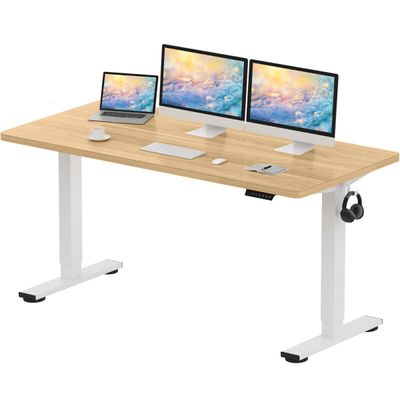FlexiSpot Modern Standing Desk with Height Adjustable 150x65 cm, Electric Motor, 4 Memory Settings, Stable Steel Frame Workstation Ideal for Home and Office - Coco Bolo and White