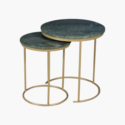 Nesting Set Of Two With Green Marble Top And Gold Metal Base  - Green