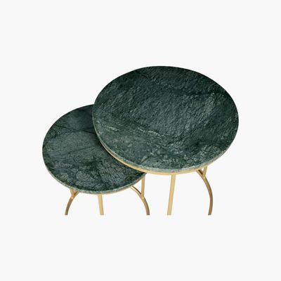 Nesting Set Of Two With Green Marble Top And Gold Metal Base  - Green