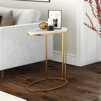 Oval C Side Table With White Marble And Gold  Metal Base Black Metal - White & Black