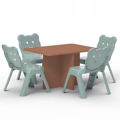 Mahmayi Modern Wooden Child Desk with 4 Plastic Chairs, Sturdy and Safe Learning Space Children Smooth Round Edge Safe Table Ideal for Toddler and Kids - Caramel Nude