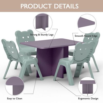 Mahmayi Modern Wooden Child Desk with 4 Plastic Chairs, Sturdy and Safe Learning Space Children Smooth Round Edge Safe Table Ideal for Toddler and Kids - Purple