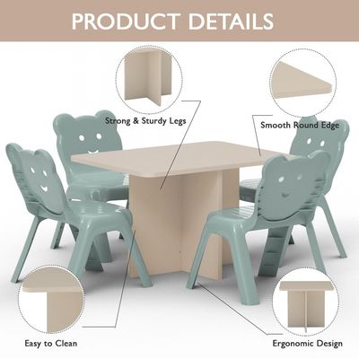 Mahmayi Modern Wooden Child Desk with 4 Plastic Chairs, Sturdy and Safe Learning Space Children Smooth Round Edge Safe Table Ideal for Toddler and Kids - Sand Beige