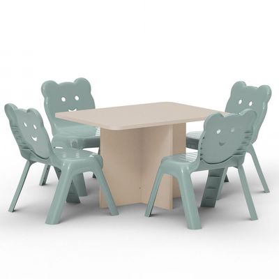 Mahmayi Modern Wooden Child Desk with 4 Plastic Chairs, Sturdy and Safe Learning Space Children Smooth Round Edge Safe Table Ideal for Toddler and Kids - Sand Beige