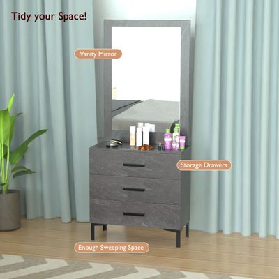 Mahmayi Modern Dresser with Large Vanity Mirror and 3 Storage Drawers, Stylish Dressing Table and Functional Ideal for Home Decor - Anthracite Metal Fabric