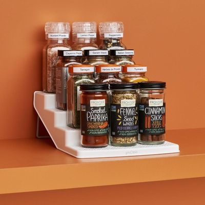 YouCopia SpiceSteps 12-Bottle Shelf Steps 4-Tier Spice Shelf Cabinet Organizer, Small With Labels, White, Size: 27.3x18.4x9.4 cm