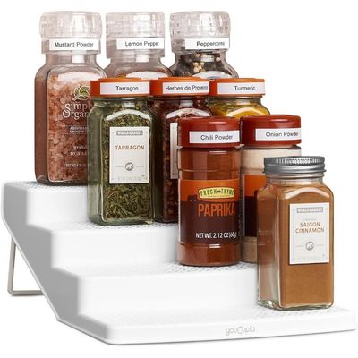 YouCopia SpiceSteps 12-Bottle Shelf Steps 4-Tier Spice Shelf Cabinet Organizer, Small With Labels, White, Size: 27.3x18.4x9.4 cm