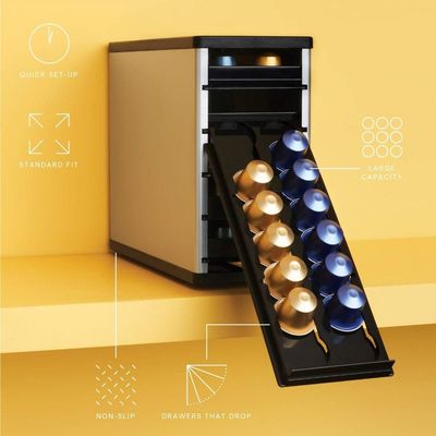 YouCopia Cafe Stack Nespresso Pod Storage Drawers Cabinet Organizer, 60 Capsules, 03601-03-ALM Black/Silver 27.7x11.4x22.6cm