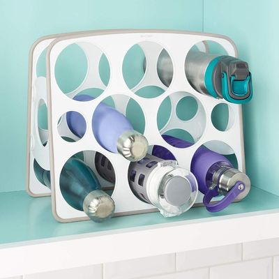 YouCopia BottleStand Mug and Water Bottle Organizer, Holds 8 Bottles or Travel Mugs, Kitchen Cabinet Storage Rack for Sports Bottles, Reusable Water Bottles, and Travel Mugs, White- 50068