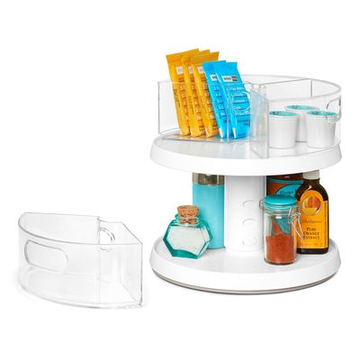YouCopia Crazy Susan Two Tier Turntable, Divided Lazy Susan Organizer with 3 Clear Bins for Cabinet and Pantry Storage, Height Adjustable, Durable, White
