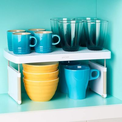 YouCopia StoreMore Expandable Kitchen Cabinet Shelf Organizer, Adjustable 13 Inch Storage Rack for Cups Glasses Bottles, Durable and Space-Saving, White-50089