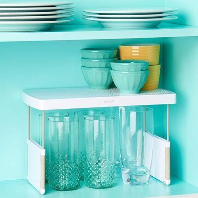 YouCopia StoreMore Expandable Kitchen Cabinet Shelf Organizer, Adjustable 13 Inch Storage Rack for Cups Glasses Bottles, Durable and Space-Saving, White-50089
