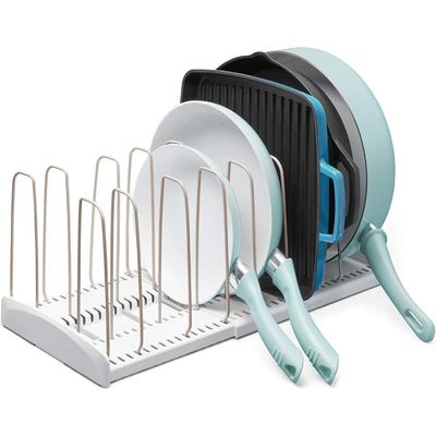 Youcopia Storemore Expandable Cookware Rack Adjustable Pan Organizer for Kitchen Cabinet Storage, Made from High-Quality Plastic and Steel, White